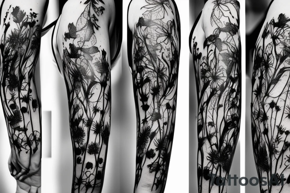 a woman in a long dress surrounded with red spider lilies tattoo idea