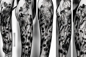 a woman in a long dress surrounded with red spider lilies tattoo idea