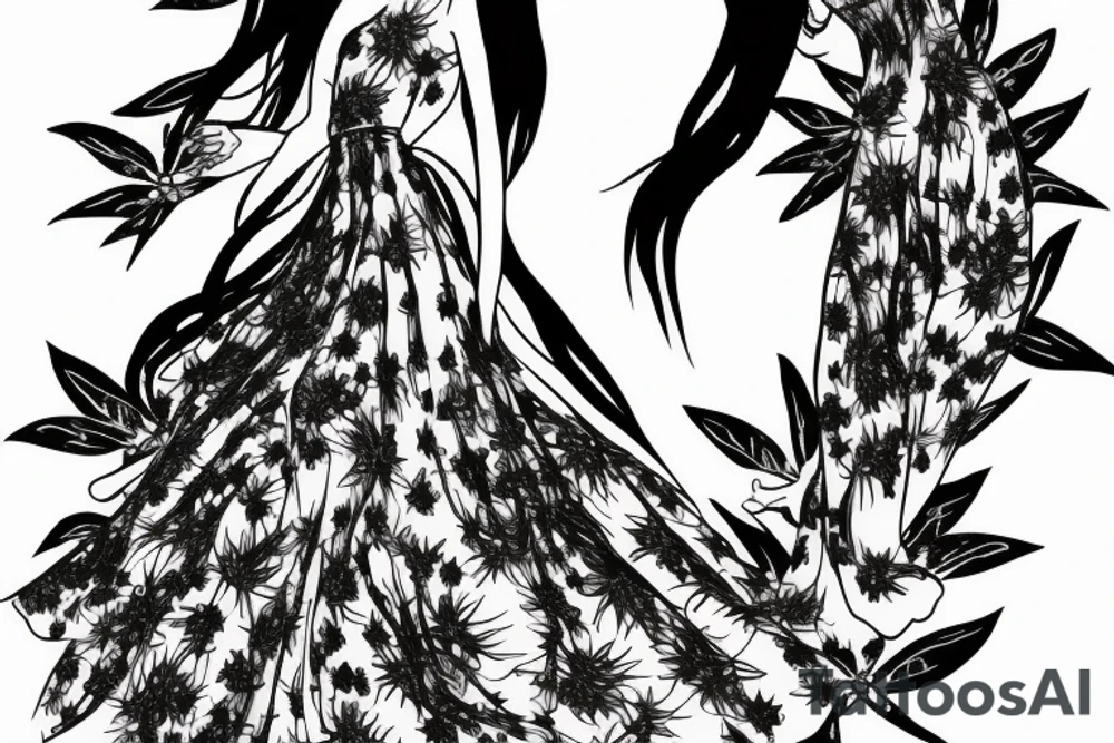 a woman in a long dress surrounded with red spider lilies tattoo idea
