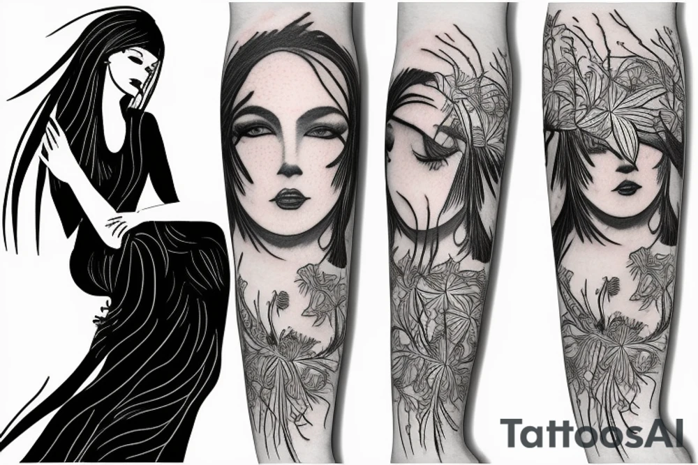 a woman in a long dress surrounded with red spider lilies tattoo idea