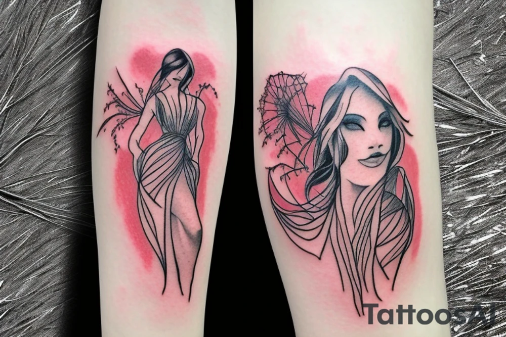 a woman in a long dress surrounded with red spider lilies tattoo idea