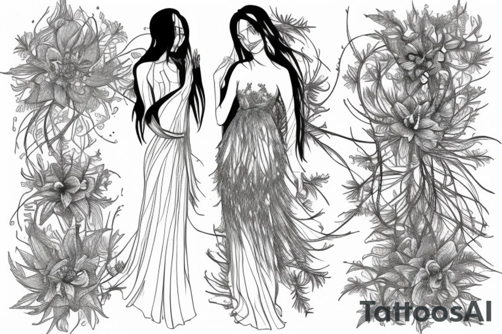 a woman in a long dress surrounded with red spider lilies tattoo idea