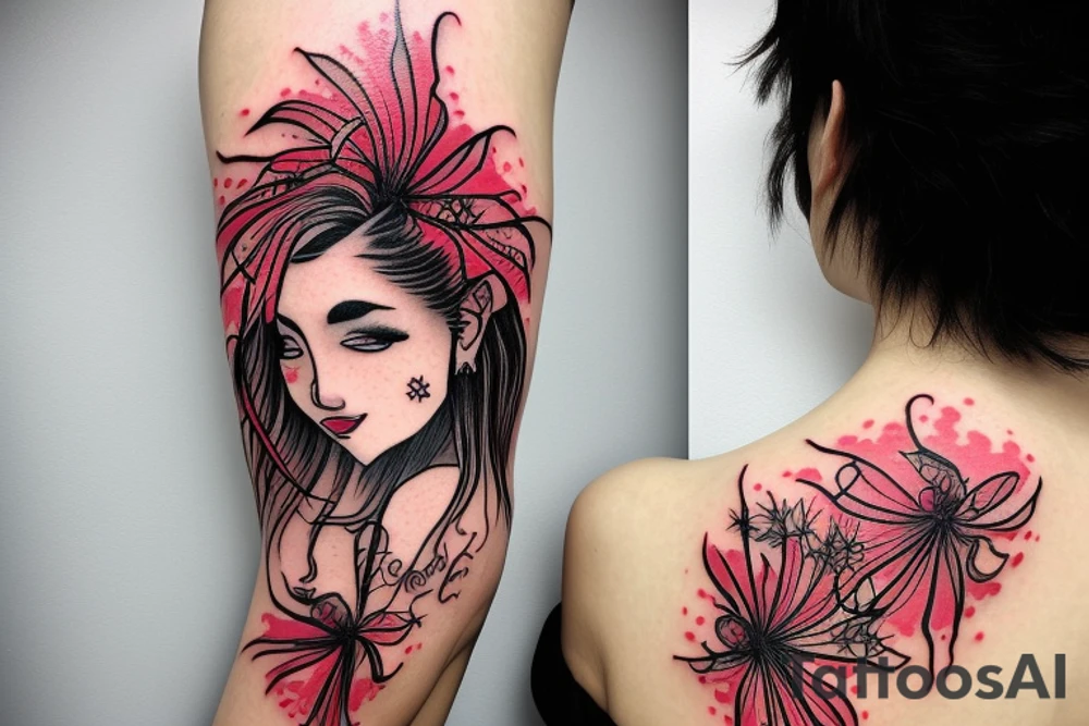 a woman in a long dress surrounded with red spider lilies tattoo idea
