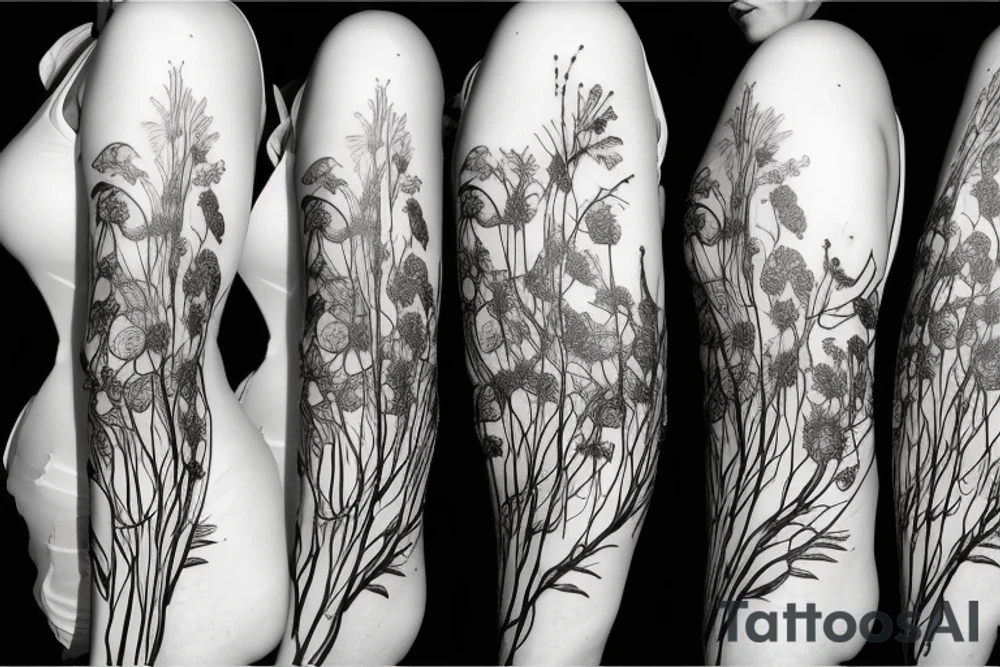 a woman in a long dress surrounded with red spider lilies tattoo idea