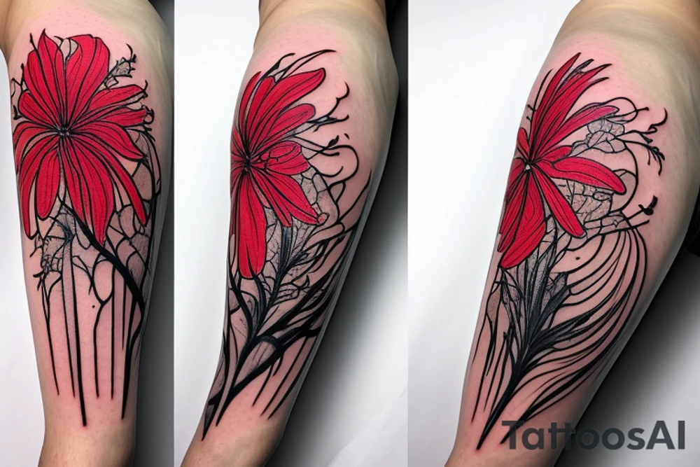a woman in a long dress surrounded with red spider lilies tattoo idea