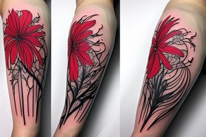 a woman in a long dress surrounded with red spider lilies tattoo idea