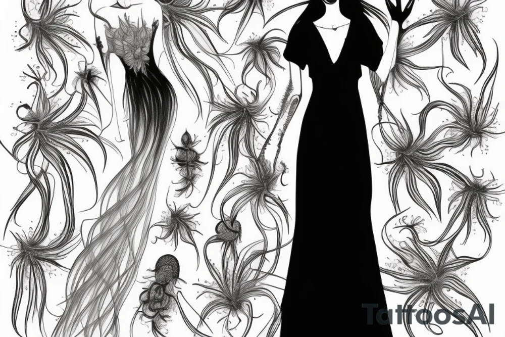 a woman in a long dress surrounded with red spider lilies tattoo idea