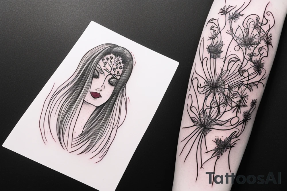 a woman in a long dress surrounded with red spider lilies tattoo idea