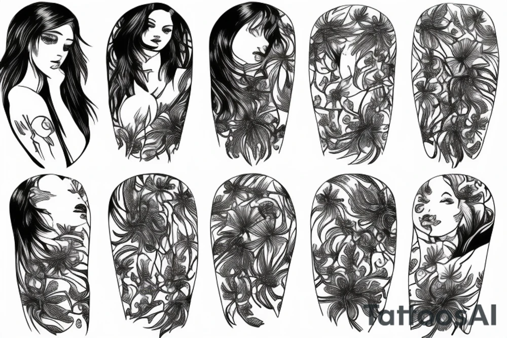 a woman in a long dress surrounded with red spider lilies tattoo idea