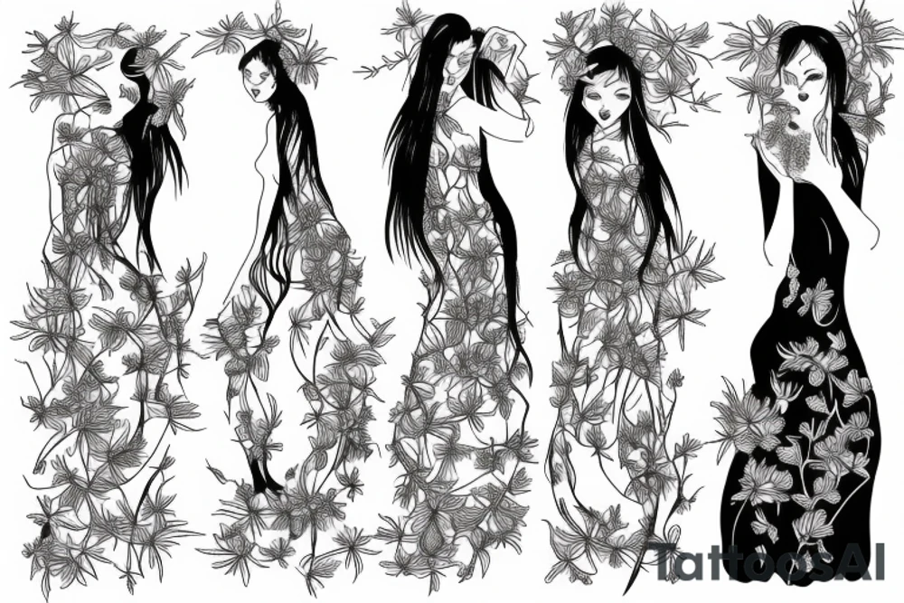 a woman in a long dress surrounded with red spider lilies tattoo idea