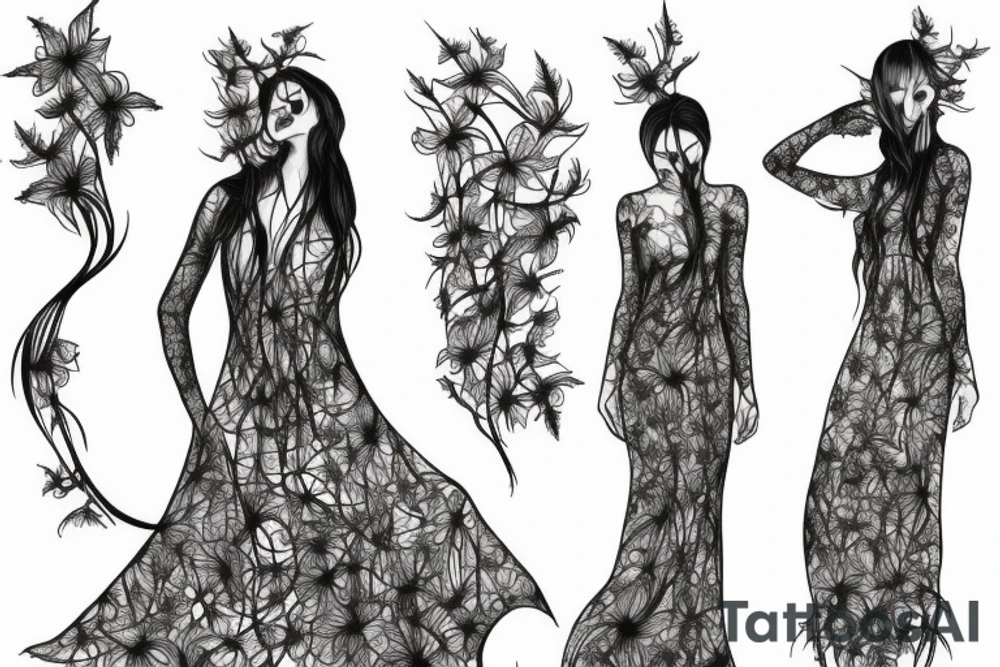 a woman in a long dress surrounded with red spider lilies tattoo idea