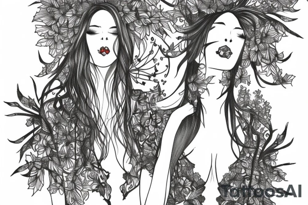 a woman in a long dress surrounded with red spider lilies tattoo idea