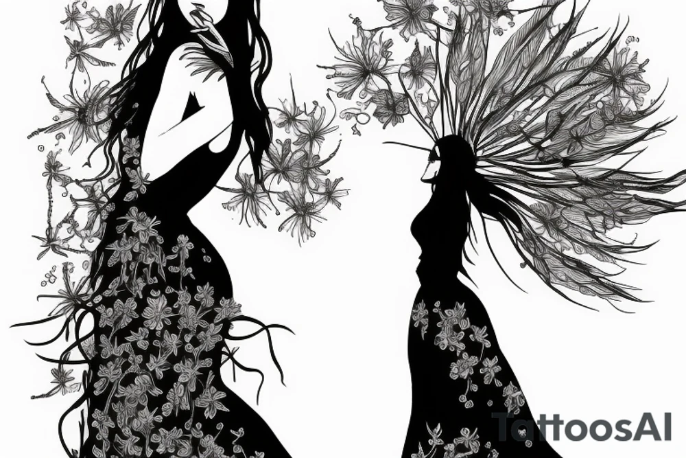 a woman in a long dress surrounded with red spider lilies tattoo idea
