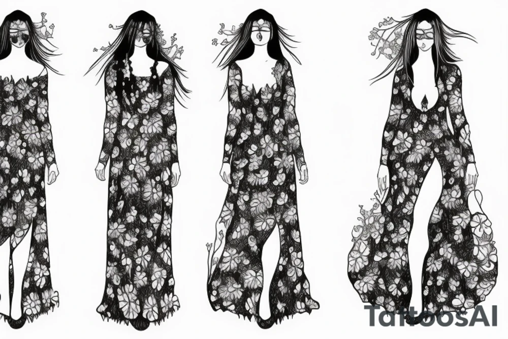 a woman in a long dress surrounded with red spider lilies tattoo idea