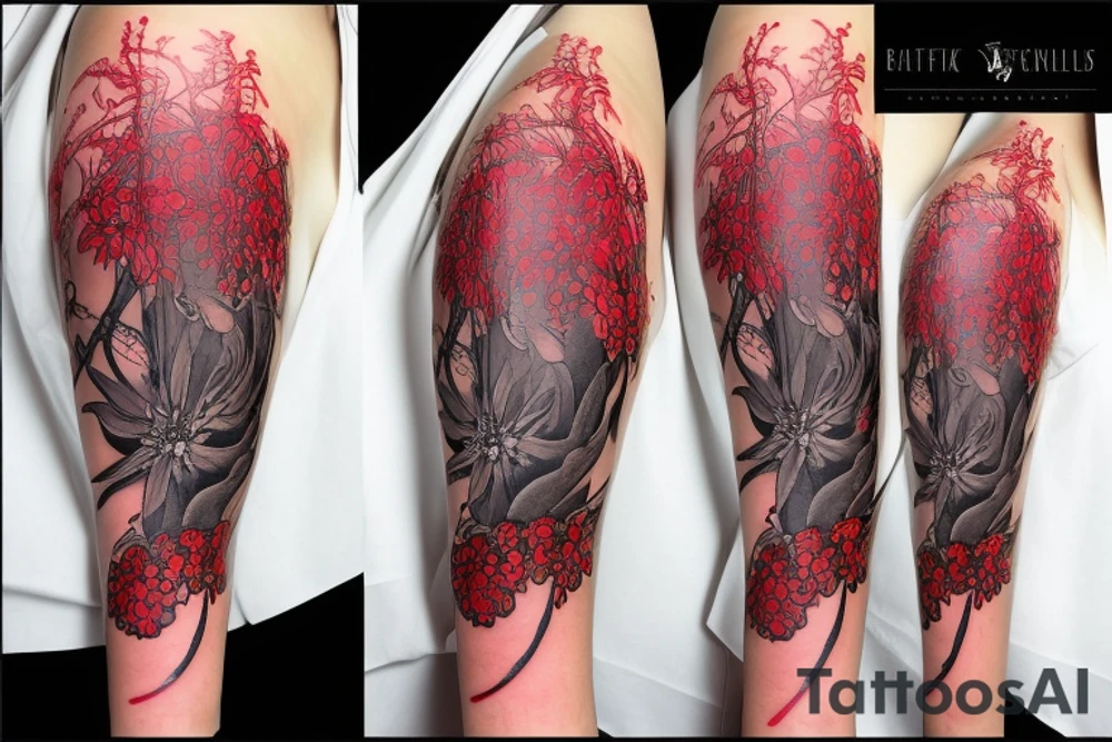 a woman in a long dress surrounded with red spider lilies tattoo idea