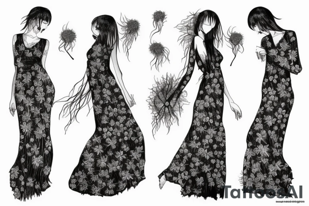 a woman in a long dress surrounded with red spider lilies tattoo idea