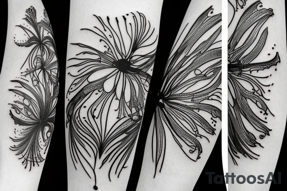 a woman in a long dress surrounded with red spider lilies tattoo idea