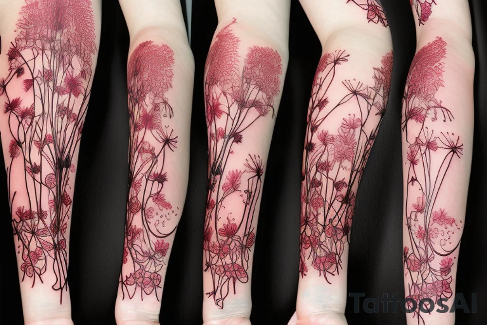 a woman in a long dress surrounded with red spider lilies tattoo idea