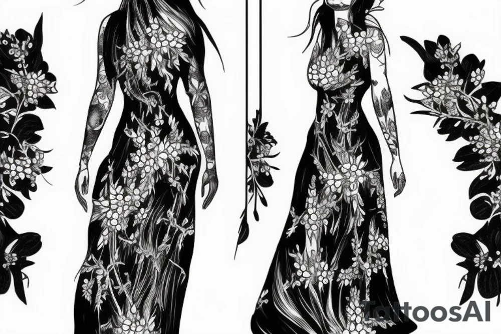 a woman in a long dress surrounded with red spider lilies tattoo idea