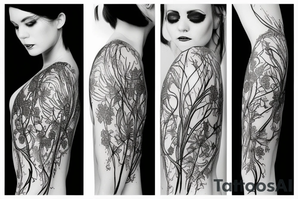 a woman in a long dress surrounded with red spider lilies tattoo idea