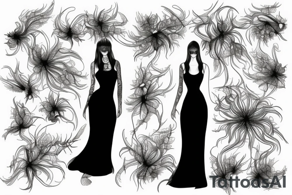 a woman in a long dress surrounded with red spider lilies tattoo idea
