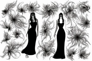 a woman in a long dress surrounded with red spider lilies tattoo idea