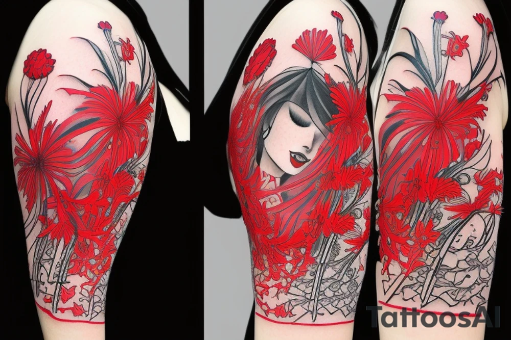 a woman in a long dress surrounded with red spider lilies with an umbrella tattoo idea
