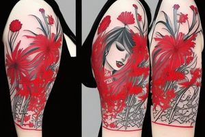 a woman in a long dress surrounded with red spider lilies with an umbrella tattoo idea