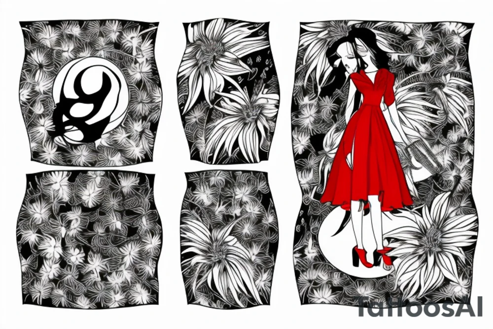 a woman in a long dress surrounded with red spider lilies with an umbrella tattoo idea