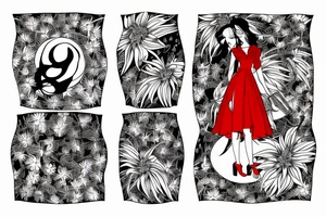 a woman in a long dress surrounded with red spider lilies with an umbrella tattoo idea