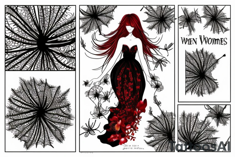 a woman in a long dress surrounded with red spider lilies with an umbrella tattoo idea