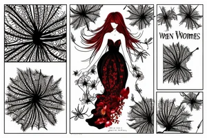 a woman in a long dress surrounded with red spider lilies with an umbrella tattoo idea