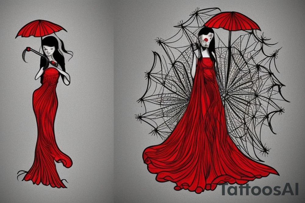 a woman in a long dress surrounded with red spider lilies with an umbrella tattoo idea