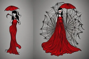 a woman in a long dress surrounded with red spider lilies with an umbrella tattoo idea