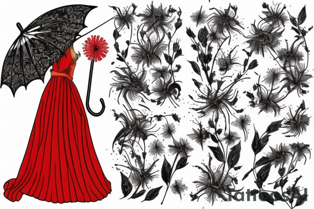 a woman in a long dress surrounded with red spider lilies with an umbrella tattoo idea