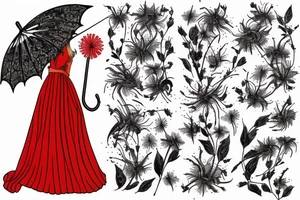 a woman in a long dress surrounded with red spider lilies with an umbrella tattoo idea
