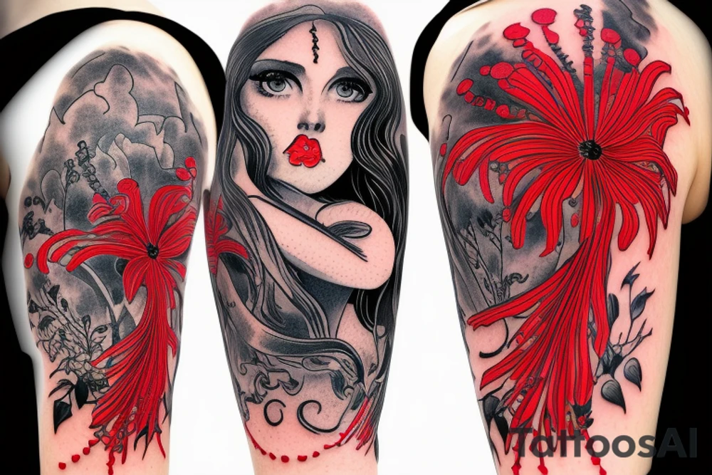 a woman in a long dress surrounded with red spider lilies with an umbrella tattoo idea