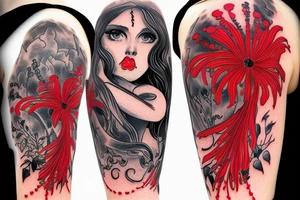 a woman in a long dress surrounded with red spider lilies with an umbrella tattoo idea