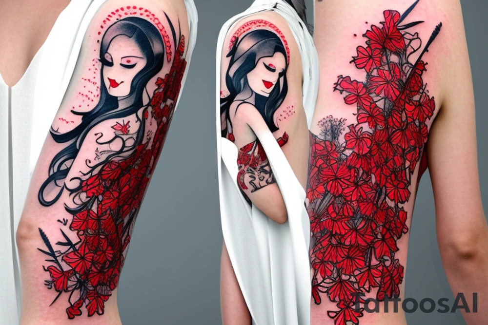 a woman in a long dress surrounded with red spider lilies with an umbrella tattoo idea