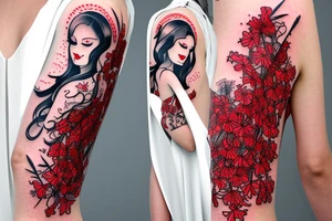 a woman in a long dress surrounded with red spider lilies with an umbrella tattoo idea
