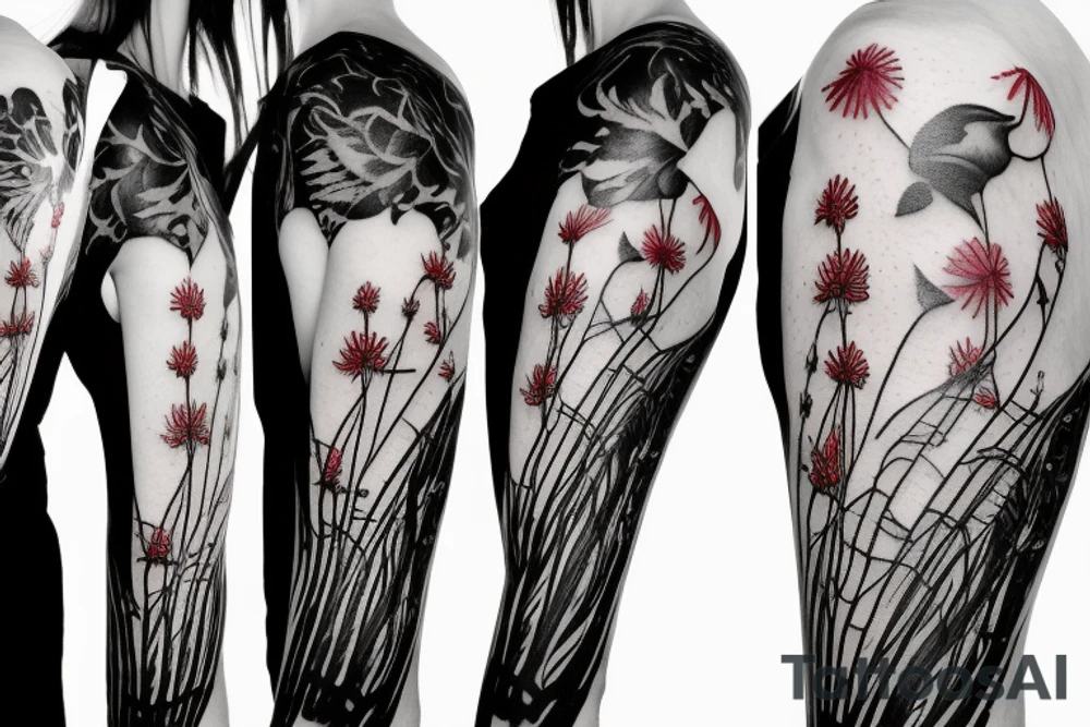 a woman in a long dress surrounded with red spider lilies with an umbrella tattoo idea