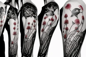 a woman in a long dress surrounded with red spider lilies with an umbrella tattoo idea