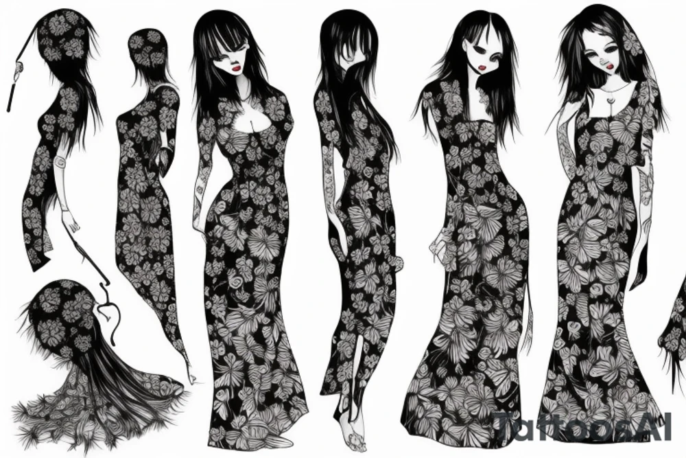 a woman in a long dress surrounded with red spider lilies with an umbrella tattoo idea
