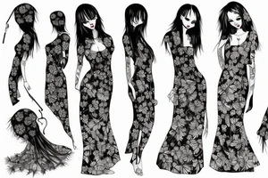 a woman in a long dress surrounded with red spider lilies with an umbrella tattoo idea