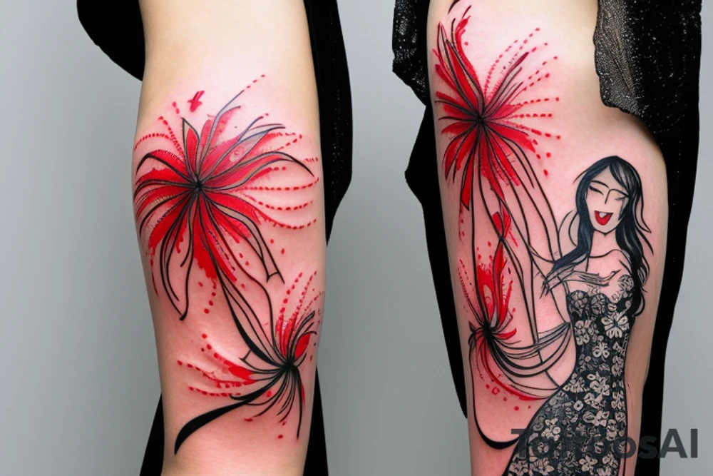 a woman in a long dress surrounded with red spider lilies with an umbrella tattoo idea