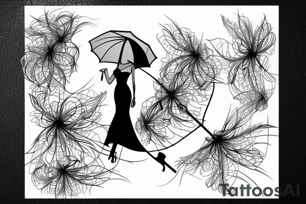 a woman in a long dress surrounded with red spider lilies with an umbrella tattoo idea
