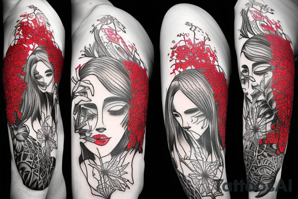 a woman in a long dress surrounded with red spider lilies with an umbrella tattoo idea