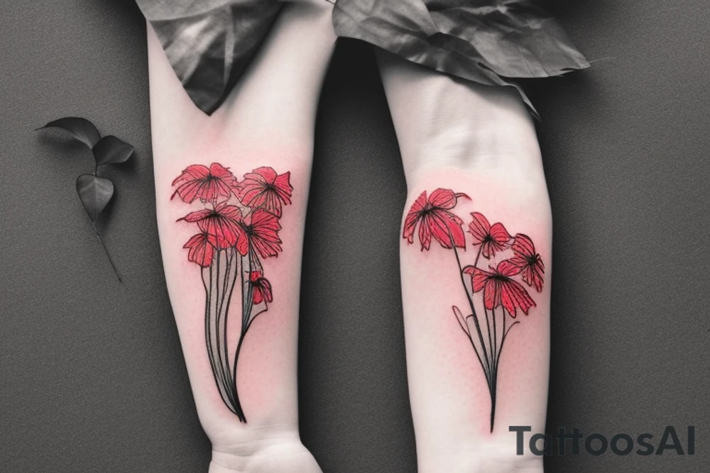 a woman in a long dress surrounded with red spider lilies with an umbrella tattoo idea