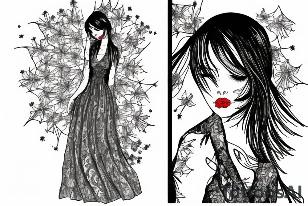 a woman in a long dress surrounded with red spider lilies with an umbrella tattoo idea