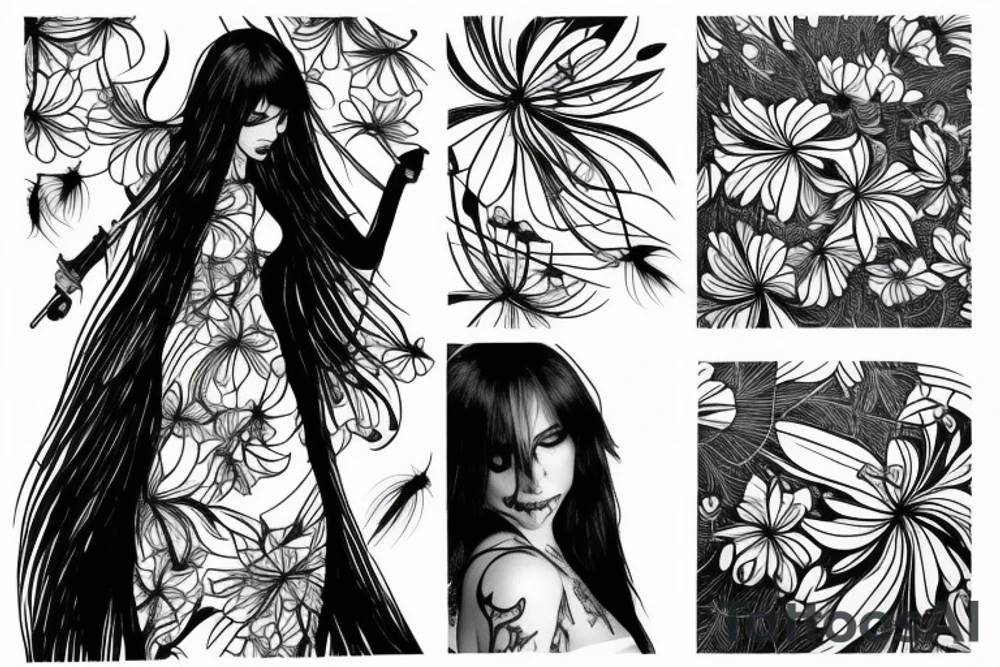 a woman in a long dress surrounded with red spider lilies with an umbrella tattoo idea